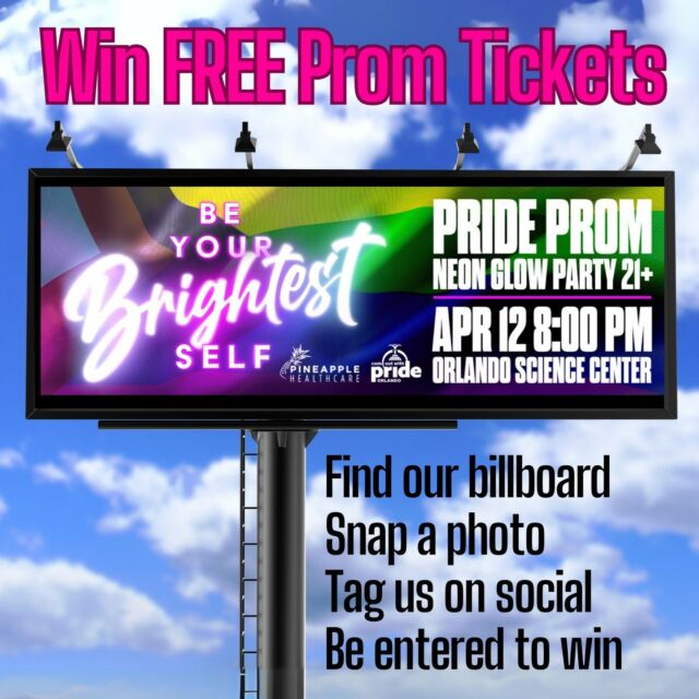 Seize the opportunity to win complimentary tickets to the Pride Prom. 🕶️🏖️🩴⁠⁠💖 Embrace the exhilaration as Come Out With Pride inundates our community with an exuberant and empowering showcase of queer bliss via our billboards. Orlando is embellished with five of these boards for you to enjoy. 🏳️‍🌈🏳️‍⚧️⁠⁠It's a seamless process - locate our advertising board, snap a photo, mention us on your social media, and voila! You will qualify to be entered into a contest for free tickets to the Pride Prom. 🎟️👏🏾🪩