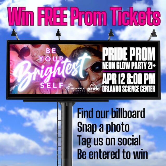 🌟Don't miss out on the chance to get free tickets to the Pride Prom. 🕶️🕺🏽🕺🏽⁠⁠💖 Feel the excitement as Come Out With Pride fills our community with a lively and empowering display of queer joy on our billboards. Orlando is adorned with five of these billboards for your enjoyment. 🏳️‍🌈🏳️‍⚧️⁠⁠It's a simple process - find our advertising billboard, take a picture, mention us on your social media, and presto! You will be eligible to enter a competition for complimentary tickets to the Pride Prom. 🎟️👏🏾🪩