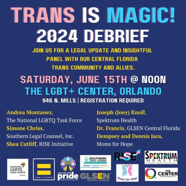 Our Trans & Non-Binary Task Force is thrilled to partner with HRC and other local organization! ⁠⁠Join us for a special debrief and discussion panel on laws and issues affecting the trans community in 2024. From driver’s license policy changes to legal wins to new Title IX policy, there’s a lot to unpack!⁠⁠Guest panelists are: ⁠- Andrea Montanez of the National LGBTQ Task Force ⁠- Simone Chriss of Southern Legal Counsel⁠- Shea Cutliff of RISE Initiative and Trans and Non-Binary Task Force ⁠- Joseph (Joey) Knoll of Spektrum Health⁠- Dr. Francis of GLSEN Central Florida⁠- Dempsey and Dennis Jara of Moms for Hope⁠⁠Special thanks to The LGBT+ Center, Orlando for hosting this event!⁠⁠Registration is required -->> Link in Bio 🏳️‍⚧️