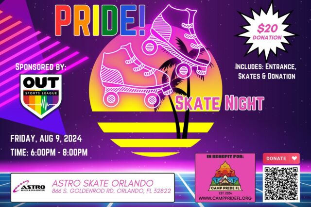 🎉 Skate with Pride Night! 🛼⁠⁠Mark your calendars for August 9th, 2024, from 6 PM to 8 PM at Astro Skate of Orlando!⁠⁠Get ready for a night full of fun, music, and entertainment featuring an incredible drag show. It's the perfect way to support a fantastic cause while having a blast with friends and family.⁠⁠This event benefits Camp Pride FL and is proudly sponsored by Out Sports League. Don’t miss out—reserve your spot TODAY!⁠⁠See you there! 🏳️‍🌈✨⁠⁠Link in Bio with more info ⁠⁠#SkateWithPride #CampPrideFL #PineappleHealthcare #OutSportsLeague⁠#ComeOutWithPride #OutSportsLeagueOrlando #LGBTQSupport #OrlandoEvents #DragShow #CommunityFun #PrideNight #SupportTheCause #RollerSkateParty