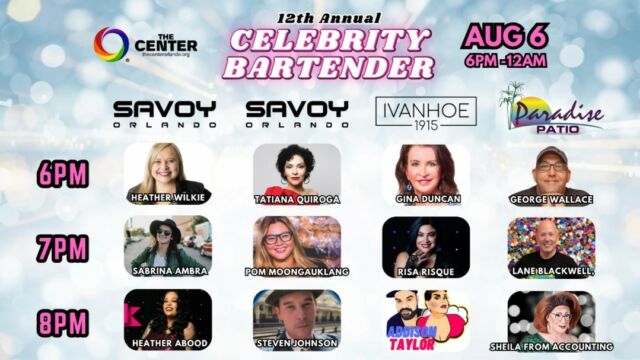 12th Annual Celebrity Bartender Event for The Center! ⁠
August 6th from 6 pm- Midnight at SAVOY Orlando⁠
⁠
🍸️✨️Come hang out with us on August 6th for an awesome event at SAVOY Orlando! It's The Center's 12th Annual Celebrity Bartender Event, and it's gonna be a blast. Local celebs will be showing off their mixology skills, making some seriously delicious drinks, all for a great cause. Every tip we collect throughout the night will go directly to The Center Orlando. ⁠
⁠
Our awesome Executive Director, Tatiana Quiroga, will be there to welcome you at 6 pm. Don't miss out, swing by and say hi! 🍹💄