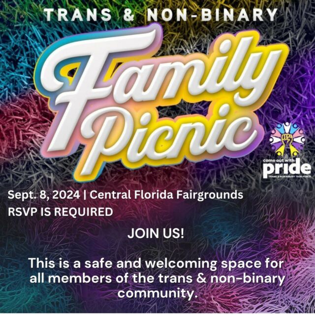 🍔 🏳️‍⚧️ Join us at our annual Family Picnic, an incredible event that you don't want to miss!⁠
⁠
This event is absolutely free and will take place on September 8th, starting at 11am, at the phenomenal Central Florida Fairgrounds. It's a relaxed gathering for members of the trans & non-binary community. So, whether you want to come alone or with your group, everyone is welcome! 💖⁠
⁠
We would like to express our heartfelt gratitude to the Contigo Fund for their unwavering support! 💪🏽⁠
⁠
For more info and RSVP -->> Link in the Bio 👇🏾