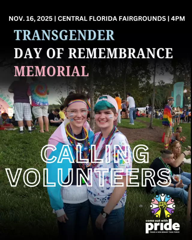 🏳️‍⚧️🕯️ Help Us Honor Trans Lives! 🌅⁠
⁠
We’re seeking volunteers for the Waterside Candlelight TDOR Memorial on Sunday, November 16 at 4 PM at the Central Florida Fairgrounds Amphitheater.⁠
⁠
Your support helps us:⁠
✨ Welcome guests with care⁠
✨ Set up candles, tables, and materials⁠
✨ Ensure the memorial runs smoothly⁠
⁠
This is a rain or shine gathering, and volunteers are essential to keeping the space safe, serene, and reflective. 🌈💫⁠
⁠
Join us in creating a welcoming, supportive community where everyone can reflect, connect, and stand in solidarity. 🌼🕯️⁠
⁠
Sign up here ➡️ Link in the Bio