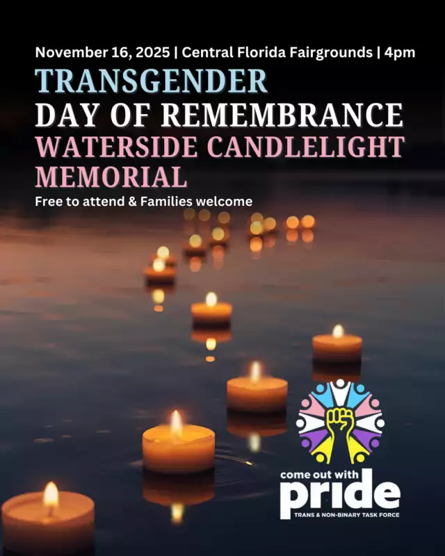 🕯️ Today - Waterside Candlelight TDOR Memorial 🏳️‍⚧️⁠
⁠
Join us this afternoon at 4 PM at the Central Florida Fairgrounds Amphitheater for a FREE lakeside gathering. Bring your friends and chosen family to honor transgender and non-binary lives lost, reflect, and connect with the community. 💜⁠
⁠
This rain or shine memorial will take place by the lake with a peaceful sunset backdrop. You are not alone—come stand in solidarity. 🌅✨⁠
⁠
RSVP ➡️ Link in the Bio