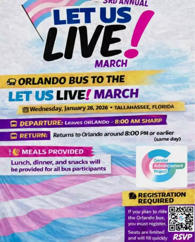 🚨 CALLING ALL COMMUNITY MEMBERS, FRIENDS, ALLIES & SUPPORTERS 🚨⁠⁠🚌 Orlando is heading to Tallahassee for the 3rd Annual Let Us Live! March — and we want everyone with us.⁠⁠📅 Wednesday, January 28, 2026⁠🕗 Bus departs Orlando at 8:00 AM | Returns around 8:00 PM⁠🍽️ Breakfast, lunch, dinner, and snacks provided⁠⁠This is a moment to stand together — trans and gender-diverse people, loved ones, organizers, advocates, and allies — to demand dignity, safety, and the freedom to live openly.⁠⁠✨ Transportation provided⁠✨ Same-day travel⁠✨ Collective power⁠⁠📲 Scan the QR code or use link to register and reserve your seat⁠⚠️ Seats are limited and will fill quickly.⁠⁠👉🏾 https://www.facebook.com/share/16i2dmRfPG/⁠⁠Show up. Speak out. Move together. 🩵🤍🩷