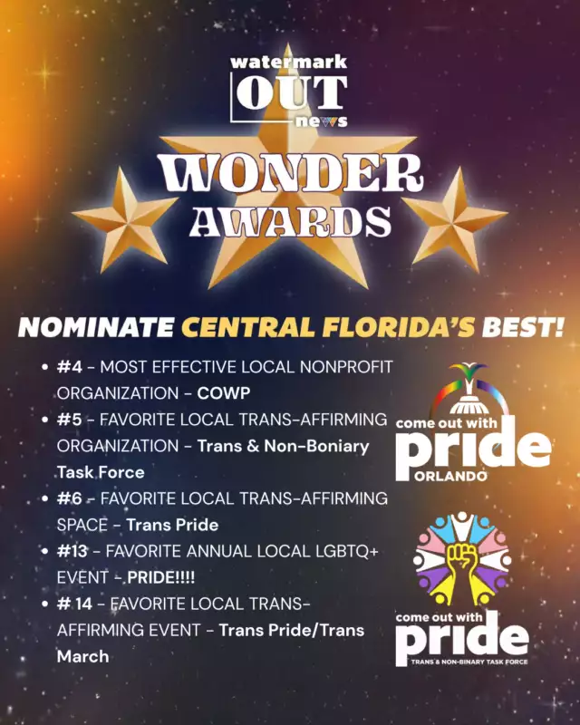 🏳️‍⚧️🏳️‍⚧️ Nominate Us for the 2026 WONDER Awards! 🏳️‍🌈🏳️‍🌈⁠⁠Nominations for the 2026 WONDER Awards are open — and we’d love your support!⁠⁠🕔 Nominations close TODAY at 5 p.m.⁠⭐ Top 5 voting begins Jan. 29⁠⁠The WONDER Awards celebrate the best of Central Florida & Tampa Bay’s LGBTQ+ community in activism, service, entertainment & more — as presented by Watermark Out News.⁠⁠🌈 Take a moment to nominate us and help uplift trans & queer excellence!⁠⁠👉🏾 Link in the Bio⁠⁠#WONDERAwards #NominateNow #LGBTQCommunity #SupportLocal