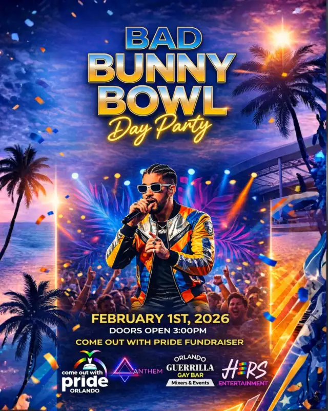 🔥🎶 Bad Bunny Bowl – Day Party 🎶🔥⁠Presented by Color of Courage Collective⁠⁠Latin vibes. Queer joy. Day party energy.⁠⁠Join us February 1, 2026 at Anthem Orlando from 3PM–8PM (doors open at 3PM) for a Bad Bunny–themed day party featuring salsa, merengue, dembow, and nonstop Latin beats.⁠⁠🎧 DJ Mozed⁠💃 Live performances by Guerilla Gay Bar⁠🌈 Fundraiser benefiting Come Out With Pride Orlando⁠⁠🎟 Early Bird Tickets: $7⁠⏳ Limited quantity. Limited time.⁠🚨 Get your tickets ASAP before prices go up --->> Link in the Bio⁠⁠Dance freely. Celebrate loud. Support Pride.⁠