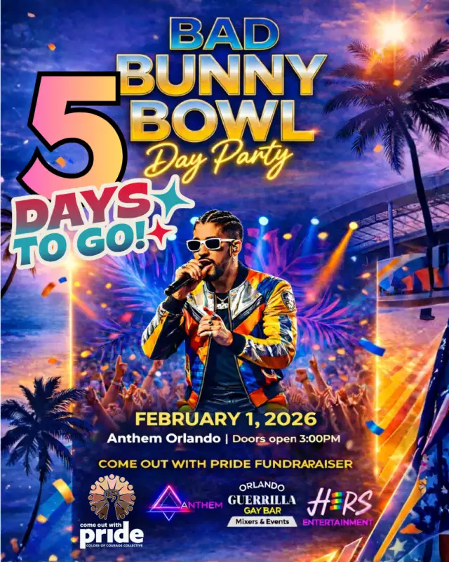 🔥🇵🇷 🎉 5 DAYS TO GO!⁠The countdown is on! ⁠⁠Only 5 days until the Bad Bunny Bowl – Day Party! 🌈🔥⁠⁠DJs, live performances, Latin vibes — it’s going to be epic.⁠🎟 $10 tickets left — grab yours before they sell out!⁠#BadBunnyBowl #LatinPride #COWP⁠⁠📅 Feb 1, 2026 | 3PM–8PM (Doors open at 3PM)⁠📍 Anthem Orlando⁠⁠🎧 DJs:⁠DJ Mozed🔥⁠Remeice The DJ 🎶⁠⁠🎤 Host:⁠Cynct Bobyadi 🌈🔥⁠⁠🌟 Live Performances by:⁠Orusha San Miguel ✨🇵🇷⁠Angel Rush 🔥🌈⁠⁠🎟 $10 tickets available now⁠⏳ Limited quantity — grab yours this afternoon before they’re gone!⁠⁠👉🏾 Link in the Bio⁠⁠A little Monday motivation: lock in your plans, support Pride, and get ready for a loud, joyful, Latin Pride day party 🇵🇷🌈🔥⁠⁠⁠⁠