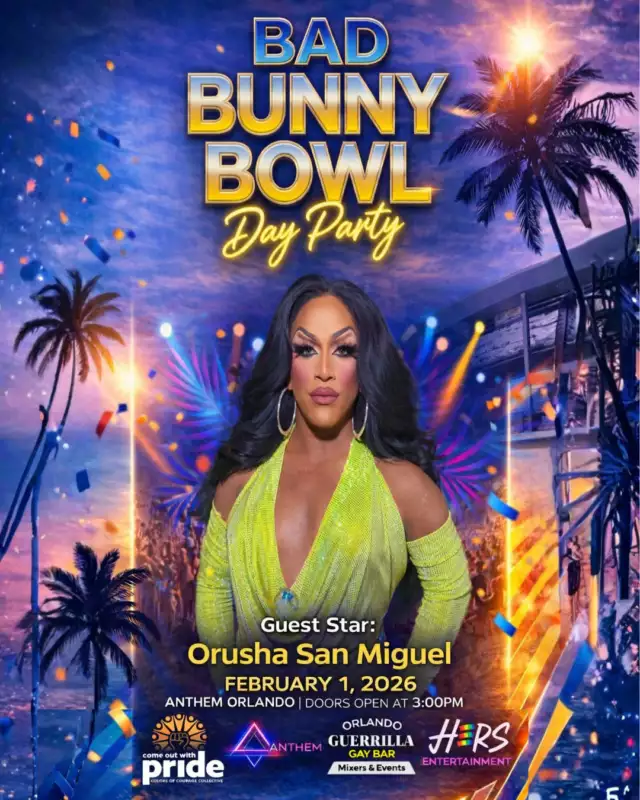 ✊🏽 Our joy is resistance. ✨⁠Nuestra alegría es poder. 💃🏽🔥⁠⁠The Color of Courage Collective Bad Bunny Bowl – Day Party is more than music — it’s a full-out celebration powered by bold, brilliant queer talent who know how to command the room and move the community. 🌈🎤⁠⁠Hosted by Cynct Bobyadi⁠Bringing charisma, heart, and unstoppable energy to keep the vibes high from start to finish.⁠⁠Live performances by⁠Orusha San Miguel — powerful, expressive, and unapologetically radiant.⁠Angel Rush — bold, electric, and ready to set the stage on fire.⁠⁠Special guest: MALA MIA⁠Serving presence, attitude, and pure star power.⁠⁠🌈 Anthem Orlando⁠📆 Sunday, February 1, 2026⁠👠 3PM–8PM | Doors open at 3PM⁠⁠When we take the stage, we resist.⁠When we perform, we shine.⁠When we celebrate out loud, we take up space — so hot we melt ICE 🧊🔥💪🏾⁠⁠Early Bird is SOLD OUT⁠Only a few $10 tickets left — ¡no esperes! ⏳💥⁠Ven por el talento. Quédate por la alegría. 💃🏽🇵🇷🌈⁠⁠👉🏾 Link in the Bio⁠⁠#BadBunnyBowl #LatinPride #QueerLatinx #COWP⁠⁠