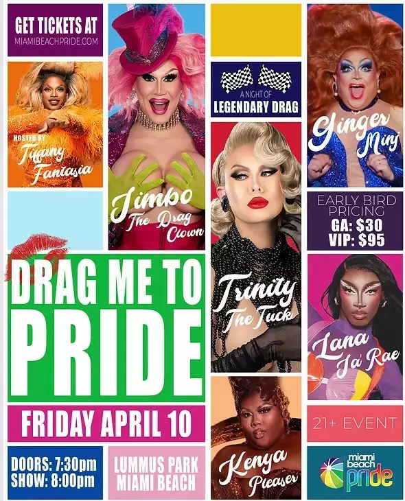 🚨Community Partner Alter! 🚨 🏖️⁠⁠🌴 Miami Beach Pride is bringing drag to the sand with an all-new Friday night spectacular you do NOT want to miss. Join us in Lummus Park, Miami Beach on Friday, April 10 the night before the Miami Beach Pride festival kicks off to experience drag royalty from RuPaul’s Drag Race including:⁠⁠@trinitythetuck⁠@gingerminj⁠@jimbothedragclown⁠@lanajarae⁠@kenyapleaser fresh off the season 18 runway ✨⁠⁠Hosted by Miami icon @tiffanyfantasia⁠⁠Early bird tickets are on sale now for only $30 (while supplies last). Visit miamibeachpride.com or go to the link in @miamibeachpride bio to get your tickets now! ⁠⁠#MiamiBeachPride #pride2026 #dragshow #miamibeach #rupaulsdragrace