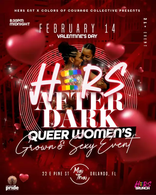 Valentine’s Day, but make it sapphic. 💞⁠Our Colors of Courage Collective is so excited to partner with HERS Entertainment to bring you a night made for queer women.⁠⁠💘 SINGLE? Come mingle and meet someone new⁠🏳️‍🌈 Coupled up? Bring your baby and celebrate love⁠⁠❣️ Hers After Dark⁠An elevated Valentine’s dinner + party created exclusively for sapphic women 🌈⁠⁠For one night only, Mai Tai Orlando becomes a space fully dedicated to queer women. Start with a candlelit dinner, sip curated cocktails, enjoy hookah, and stay as the night effortlessly turns into the party. ✨⁠⁠🎶 Music by @djjmo__ & @djmozed⁠🍽️ Dinner vibes⁠🍸 Specialty drinks⁠💨 Big Smoke Hookah⁠💃🏽 Dancing all night⁠⁠📍 Mai Tai Orlando⁠🗓️ February 14⁠⏰ Dinner guests, please arrive at 8PM⁠⁠🔗 Table reservations available ->> Link in @official_hersent bio⁠⁠Come for the vibes. Stay for the community. 💖⁠#valentinesday #galentines #wlw #queerjoy #orlando