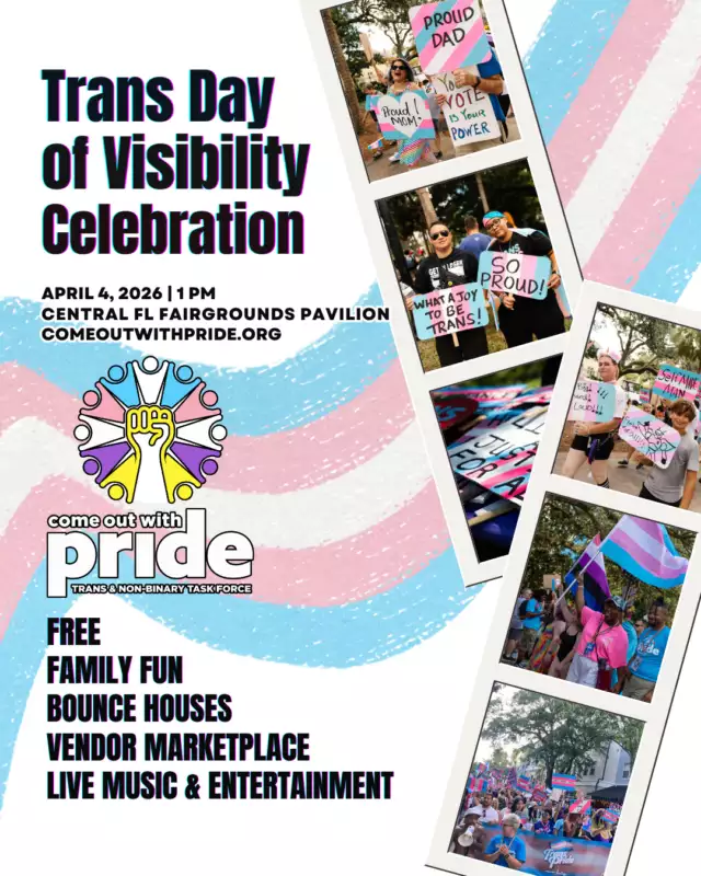 Get ready, Central Florida! 🌟🏳️‍⚧️ Trans Day of Visibility is bringing the joy, the pride, and the power to the Pavilion at the Central Florida Fairgrounds — and you do not want to miss it!⁠⁠This free, family-friendly celebration is a love letter to our trans and nonbinary community — honoring resilience, spotlighting brilliance, and creating space to be bold, visible, and unapologetically authentic. ✨💖⁠⁠Come soak up the energy with a vibrant Vendor Marketplace featuring amazing LGBTQIA+ organizations and small businesses 🛍️🌈, interactive fun for all ages 🎨🎶, and a welcoming atmosphere where community connection is the main event. This is where chosen family gathers. This is where visibility shines.⁠⁠Event Details:⁠April 4th⁠1:00 PM – 4:00 PM⁠Pavilion at the Central Florida Fairgrounds⁠Free admission⁠Close and convenient parking available⁠⁠Whether you’re trans, nonbinary, an ally, or showing up to learn and stand in solidarity, there is space for you here. Bring your people. Bring your joy. Bring your full, radiant self. 💫⁠⁠Visibility is powerful. Community is unstoppable.⁠⁠RSVP -->> Link is in the Bio