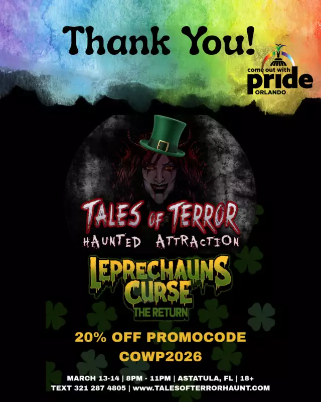 Huge THANK YOU to our Community Partner, Tales of Terror Haunted Attraction 👻🌈🍀⁠⁠Get ready for a horrifying 18+ Saint Patrick’s celebration at the home of the “Choose Your Own Fear Level” experience 😈✨ For two nights only — March 13–14 from 8PM–11PM — guests will step into two fully immersive haunted trails, snap themed photo ops 📸, encounter roaming characters 🎭, and enjoy a free drink 🥃 at one of Central Florida’s most exclusive hidden gems.⁠⁠Proudly queer and ally-operated, Tales of Terror is an inclusive small business helping our community grow through theater and the arts 🎨🖤 And they continue to show up for our volunteers and support the work that keeps our Pride strong all year long 🫶🏽🌈⁠⁠We’re so grateful for partners who invest in creativity, community, and the people who make it all happen. Thank you for keeping things spooky (and fabulous) while standing with us! ✨👻⁠⁠More info: text 321-287-4805 ⁠Tickets: www.talesofterrorhaunt.com or visit @talesofterrorhaunt in their bio⁠