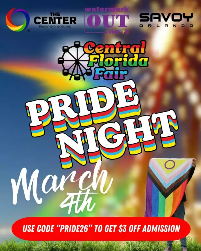 🌈🎡 The countdown is ON for Pride Night at the Fair!⁠⁠Join us **March 4th** at the Central Florida Fairgrounds for a night bursting with community, celebration, and classic fair magic ✨⁠⁠Think: 🎢 thrilling rides, 🍿 all your favorite fair eats, 🎶 music in the air, and a whole lot of Pride energy shining bright. We’re proud to partner with The Center Orlando, Watermark OUT News, and Savoy Orlando to make this night unforgettable!⁠⁠✨ Snag your tickets and save $3 with code **PRIDE26**⁠⁠🎟️ [https://tickets.centralfloridafair.com/p/extra/pride](https://tickets.centralfloridafair.com/p/extra/pride)⁠⁠Grab your crew, wave those flags high 🏳️‍🌈, and let’s light up the fairgrounds together!⁠⁠#PrideNight #CentralFloridaFair #OrlandoPride #LGBTQCommunity #TheCenterOrlando⁠