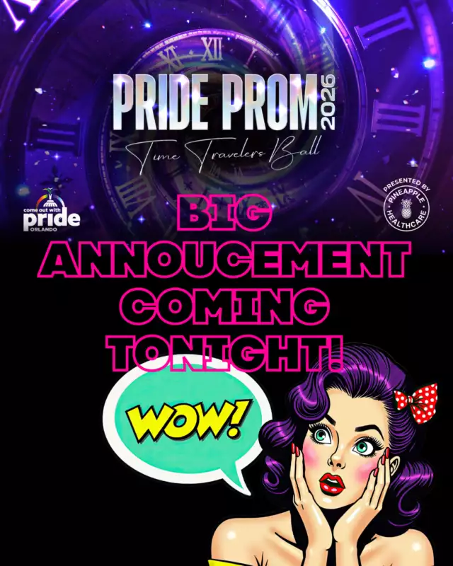 🚨✨ BIG ANNOUNCEMENT TONIGHT ✨🚨⁠⁠Something MAJOR is landing at Pride Prom tonight… and trust us, you’re going to want to be here when it drops. 👀🌈⁠⁠We’re revealing our 2026 Pride Prom HEADLINER later tonight — and let’s just say… she’s serving face, attitude, and star power. 💄🔥⁠⁠If you haven’t grabbed your tickets yet, this is your sign.⁠⁠🎟 Early Bird Tickets are closing soon, and once tonight’s announcement hits, they will NOT last long.⁠⁠So start planning your look for the Time Traveler’s Ball ⏳✨⁠What era are you serving?⁠⁠Stay tuned… the reveal is coming tonight. 💋⁠⁠#PrideProm #BigAnnouncement #TimeTravelersBall #QueerJoy #OrlandoPride