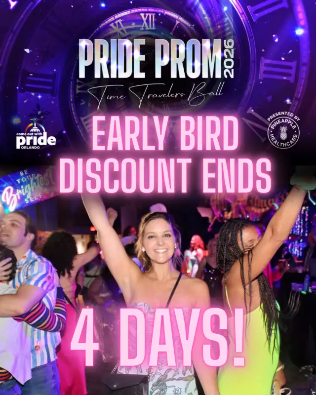 🌈✨ 4 DAYS LEFT — THE COUNTDOWN IS ON! ✨🌈⁠⁠Orlando, it’s almost here… Pride Prom: Time Traveler’s Ball, presented by Pineapple Healthcare, is about to blow the roof off — and you don’t want to miss a single second! ⏳💃⁠⁠🎟 EARLY BIRD TICKETS vanish in:⁠⁠Today: 4 DAYS LEFT! 🔥⁠⁠✨ Why this is THE night to be there:⁠⁠Morphine Love Dion headlining with glam, laughs, and jaw-dropping performances 👑⁠⁠🚨👉🏾 Link in the Bio⁠⁠Dance through the decades and celebrate queer joy like never before 💃⁠⁠Early Bird tickets = your VIP pass to the biggest Pride party of the year 🌈⁠⁠⏰ The clock is ticking… grab your Early Bird tickets NOW before they disappear into the glittering time machine of history! ✨🕰️⁠⁠#PrideProm #EarlyBirdCountdown #TimeTravelersBall #MorphineLoveDion #QueerJoy #OrlandoPride #PineappleHealthcare