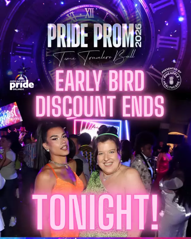 🚨🌟 LAST CHANCE ALERT! 🌟🚨⁠⁠Orlando… the clock is ticking down to zero! ⏰ Early Bird Discount Tickets for Pride Prom: Time Traveler’s Ball, presented by Pineapple Healthcare, END TONIGHT!⁠⁠👑 Morphine Love Dion is hitting the stage with glam, sass, and unstoppable energy — and you cannot miss this iconic night! 💄🔥⁠⁠💫 Why you NEED to be there:⁠⁠Dance through the decades and own your era 🕺💃⁠⁠Sip, mingle, and enjoy glittery VIP vibes ✨⁠⁠Make memories with friends and celebrate queer joy to the fullest 🌈⁠⁠🎟 Tickets are vanishing fast — this is your FINAL shot! Don’t wait another second… grab your Early Bird tickets before midnight TONIGHT! 💥⁠⁠👉🏾 BUY NOW! - Link in the Bio⁠⁠#PrideProm #LastChance #EarlyBirdEndsTonight #MorphineLoveDion #TimeTravelersBall #QueerJoy #OrlandoPride #PineappleHealthcare