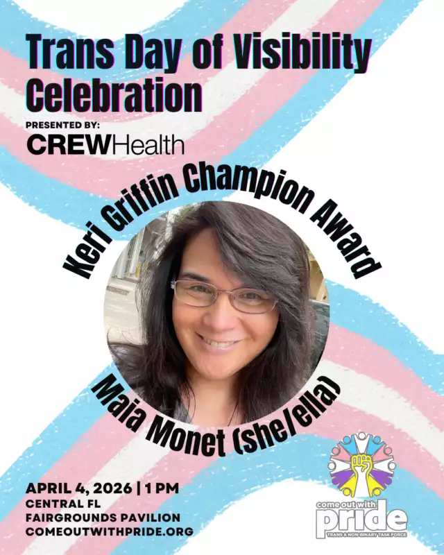 🌈✨ Big news, fab fam! ✨🌈⁠⁠Let’s give Maia Monet her flowers! 🌸 She’s receiving the Keri Griffin Champion Award 🏳️‍⚧️💖—an award from our Trans & Non-Binary Task Force that celebrates amazing people who lift up the LGBTQIA+ community, just like Keri Griffin did.⁠⁠We are so excited to celebrate Maia at our Trans Day of Visibility (TDOV) event! 🎉💥 Come ready for joy, love, and community as we honor champions and celebrate our trans and non-binary siblings. ✊🏽✊🏾✊🏿⁠⁠Huge thanks to Crew Health, our TDOV Presenting Sponsor, for helping make this celebration possible! 🙌🏽💖⁠⁠📅 TDOV Event: April 4, 2026⁠📍 Location: Central Florida Fairgrounds Pavilion @ 1pm⁠✨ Come celebrate, connect, and show some love for our amazing community!⁠⁠#KeriGriffinChampionAward #TDOV #TransAndNonBinary #ComeOutWithPride #CelebrateTransJoy #CrewHealth