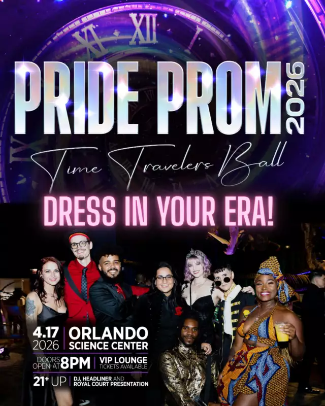 🕰️✨ IT’S TIME TO PICK YOUR ERA! ✨🕰️⁠⁠The 5th Annual Pride Prom is calling… and this year we’re traveling through time at the Time Traveler’s Ball 🌈💫⁠⁠From roaring ‘20s glam 💎, to disco fever 🪩, to 90s pop icons 🎤, to futuristic fantasy 🚀 — this is your moment to step into ANY era you want and fully commit to the look.⁠⁠The question is simple…⁠✨ What era will YOU be? ✨⁠⁠💃🏽 Come dressed to impress, express, and TRANSFORM. This is your chance to serve a full time-travel fantasy on the dance floor. Whether you’re vintage, Y2K, retro, or straight out of the future — we want to see it ALL.⁠⁠📅 Friday, April 17, 2026⁠📍 Orlando Science Center (21+)⁠⏰ 8 PM⁠⁠Gather your crew, pick your decade, and start planning your looks NOW — because Pride Prom isn’t just a party… it’s a full-on time travel experience. 🌈🔥⁠⁠#PrideProm2026 #TimeTravelersBall #DressYourEra #OrlandoEvents