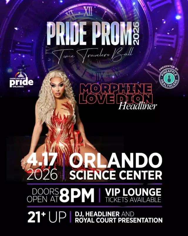 ✨🌈 Step into the glittering time machine of Pride Prom! 🌈✨Pride Prom: Time Traveler’s Ball, presented by Pineapple Healthcare, is where decades collide, looks slay, and queer joy reigns supreme. 💃🎶👑 And yes… the one and only Morphine Love Dion is headlining the night, serving glam, charisma, and unforgettable performances that will leave you cheering, dancing, and snapping pics all night long! 💄🔥💫 Why you need to be there:Dance through the decades in your fiercest looks 🕺Celebrate with your friends (or meet some new ones!) 🌟Make memories that sparkle long after the night ends ✨🎟 Tickets are ready and waiting… don’t miss your chance to join the ultimate Pride celebration of the year! 🫶🏽🌈TICKETS! --> Link in the Bio#PrideProm #TimeTravelersBall #MorphineLoveDion #QueerJoy #OrlandoPride #PineappleHealthcare