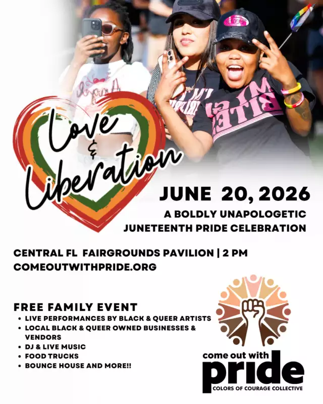 THE COUNTDOWN TO LOVE & LIBERATION IS ONNNN! ✊🏾🌈🔥⁠⁠Get ready for a celebration full of joy, culture, community, and unapologetic pride as we bring back the **2nd Annual Love & Liberation: Juneteenth Pride Celebration**! 💖✨⁠⁠Last year, over 500 people came together for a powerful day centered on Black queer and trans joy — and this year, we’re turning the energy ALL the way up. 🎉⁠⁠Expect:⁠🛍️ Amazing local vendors⁠🎶 Live entertainment & experiences⁠🌈 Community connection⁠✊🏾 Celebration of Black liberation & queer pride⁠💫 Joy so powerful you can FEEL it⁠⁠📅 Saturday, June 20, 2026⁠📍 Central Florida Fairgrounds Pavilion⁠🎟️ FREE & Family-Friendly⁠⁠This is more than a celebration — it’s a space where our communities are seen, celebrated, and empowered together.⁠⁠Pull up. Bring your people. Be part of the magic. 🔥🌈⁠⁠🔗 Learn more --> LINK IN THE BIO⁠⁠#LoveAndLiberation #JuneteenthPride #BlackQueerJoy #OrlandoEvents #PrideWithPurpose #IntersectionalPride