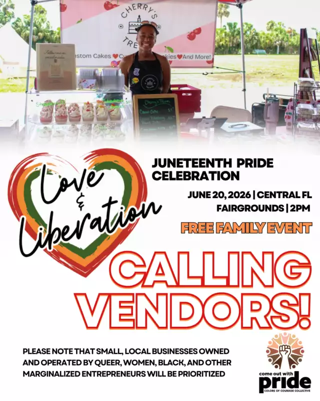 🌈✨ CALLING ALL VENDORS ✨🌈⁠⁠We’re officially opening applications for the Love & Liberation: Juneteenth Pride Celebration Marketplace — and we want YOU to be part of it! 🖤💛❤️💚⁠⁠Join us for our 2nd Annual Love & Liberation: Pride Juneteenth Celebration on:⁠📅 June 20, 2026⁠📍 Central Florida Fairgrounds Pavilion⁠⁠This is a FREE, family-friendly event celebrating Black queer joy, culture, creativity, and community — and our marketplace is at the heart of it all. 🛍️✨⁠⁠We’re looking for:⁠🌿 Small businesses⁠🎨 Artists & makers⁠🍴 Food vendors⁠💼 Community organizations⁠🌈 LGBTQIA+ and allied entrepreneurs⁠⁠We especially encourage vendors from Black, queer, trans, and other marginalized communities to apply 💖⁠⁠This is more than a marketplace — it’s a space to connect, be seen, and celebrate unapologetically ✊🏾✨⁠⁠🔗 Apply now and be part of something powerful -->> LINK IN THE BIO⁠⁠Let’s build something beautiful together. 🖤🌈✨⁠