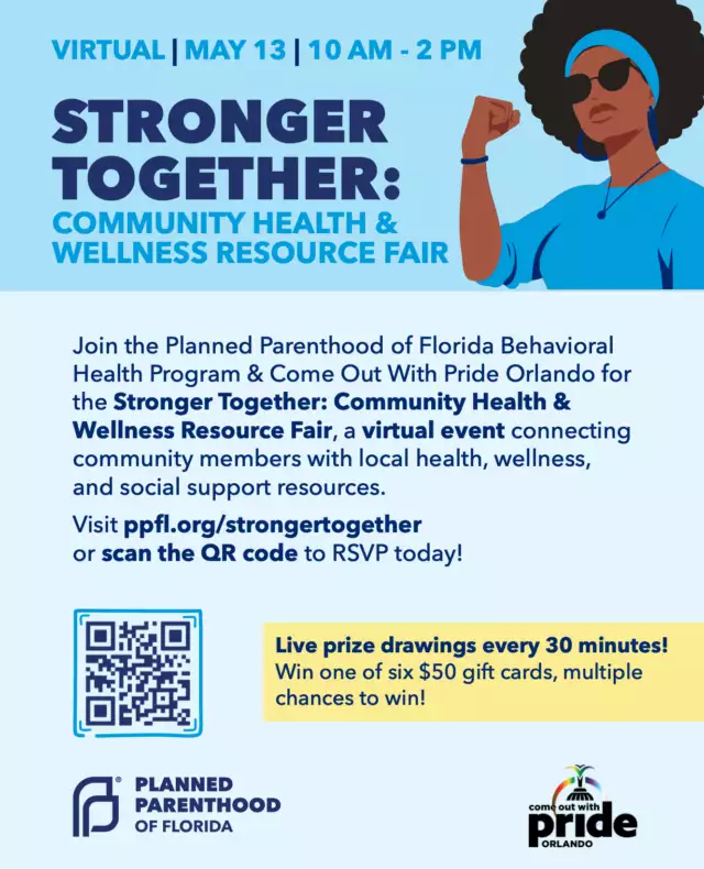 💛 Stronger Together is coming! 💛⁠⁠Join us for the Virtual Community Health & Wellness Resource Fair on May 13, 2026 | 10 AM–2 PM ET in partnership with Planned Parenthood of Florida!⁠⁠✨ Attendees can explore vital health, mental health, wellness, and community resources—all from the comfort of home through interactive virtual breakout rooms.⁠⁠🌈 Are you a community organization, service provider, or wellness resource?⁠⁠Vendor spots are now open and we’d love to have you join us!⁠⁠This is a powerful opportunity to connect directly with community members, share your services, and be part of a day centered on access, care, and connection.⁠⁠🖥️ Register to:⁠Attend -->> https://ppfl.org/StrongerTogether⁠Become a Vendor -->> https://forms.cloud.microsoft/r/jvGq4j0rHP⁠⁠Let’s build a healthier, stronger community—together 💛⁠#StrongerTogether #CommunityCare #HealthAndWellness #OrlandoLGBTQ #ComeOutWithPride⁠⁠@PlannedParenthoodFL @ppflorida⁠