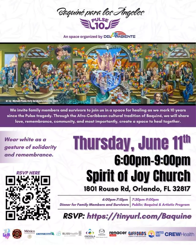 Ten years after the Pulse tragedy, we come together in community to remember, honor, and hold one another.⁠⁠PULSE 10: Baquiné for the Angels is an intimate space for remembrance, healing, and connection, inspired by the Afro-Puerto Rican Baquiné tradition, a gathering where grief, resilience, and love can coexist with dignity, without spectacle or politicization.⁠⁠🕯️ We honor the 49 lives lost, the survivors, and their families.⁠🤍 We center the emotional well-being of our community.⁠🌿 Participate at your own pace; your presence matters.⁠⁠📅 Thursday, June 11, 2026⁠📍 Spirit of Joy Church, Orlando (1801 Rouse Rd, Orlando, FL 32817)⁠⏰ 7:00pm - 9:00pm (program open to the public)⁠⁠🔗 Reserve your space: https://tinyurl.com/Baquine⁠⁠This will be a space of collective care.⁠⁠#Pulse10 #BaquineForTheAngels #Orlando #Community #CollectiveHealing #NeverForget #10YearAnniversary⁠⁠---⁠⁠A 10 años de la tragedia de Pulse, nos reunimos en comunidad para recordar, honrar y sostenernos.⁠⁠PULSE 10: Baquiné para los Ángeles es un espacio íntimo de memoria, sanación y conexión, inspirado en la tradición afro-puertorriqueña del baquiné. Un encuentro donde el duelo, la resiliencia y el amor pueden coexistir con dignidad, sin espectáculo ni politización.⁠⁠🕯️ Honramos a las 49 vidas, a las personas sobrevivientes y a sus familias.⁠🤍 Cuidamos el bienestar emocional de nuestra comunidad.⁠🌿 Participa a tu propio ritmo, tu presencia es importante.⁠⁠📅 Jueves, 11 de junio de 2026⁠📍 Spirit of Joy Church, Orlando (1801 Rouse Rd, Orlando, FL 32817)⁠⏰ 7:00pm – 9:00pm (programa abierto al público)⁠⁠🔗 Reserva tu espacio: https://tinyurl.com/Baquine⁠⁠Este será un espacio de cuidado colectivo.⁠⁠#Pulse10 #BaquineParaLosÁngeles #Orlando #Comunidad #SanaciónColectiva #NuncaOlvidamos #Aniversario10