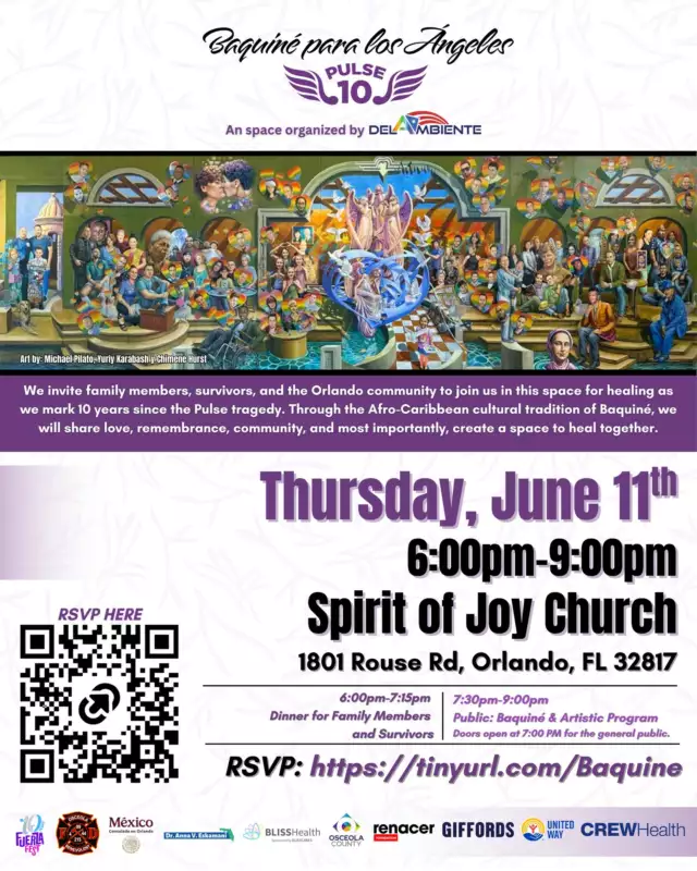 Ten years after the Pulse tragedy, we come together in community to remember, honor, and hold one another.⁠⁠PULSE 10: Baquiné for the Angels is an intimate space for remembrance, healing, and connection, inspired by the Afro-Puerto Rican Baquiné tradition, a gathering where grief, resilience, and love can coexist with dignity, without spectacle or politicization.⁠⁠🕯️ We honor the 49 lives lost, the survivors, and their families.⁠🤍 We center the emotional well-being of our community.⁠🌿 Participate at your own pace; your presence matters.⁠⁠📅 Thursday, June 11, 2026⁠📍 Spirit of Joy Church, Orlando (1801 Rouse Rd, Orlando, FL 32817)⁠⏰ 7:00pm - 9:00pm (program open to the public)⁠⁠🔗 Reserve your space: https://tinyurl.com/Baquine⁠⁠This will be a space of collective care.⁠⁠#Pulse10 #BaquineForTheAngels #Orlando #Community #CollectiveHealing #NeverForget #10YearAnniversary⁠⁠---⁠⁠A 10 años de la tragedia de Pulse, nos reunimos en comunidad para recordar, honrar y sostenernos.⁠⁠PULSE 10: Baquiné para los Ángeles es un espacio íntimo de memoria, sanación y conexión, inspirado en la tradición afro-puertorriqueña del baquiné. Un encuentro donde el duelo, la resiliencia y el amor pueden coexistir con dignidad, sin espectáculo ni politización.⁠⁠🕯️ Honramos a las 49 vidas, a las personas sobrevivientes y a sus familias.⁠🤍 Cuidamos el bienestar emocional de nuestra comunidad.⁠🌿 Participa a tu propio ritmo, tu presencia es importante.⁠⁠📅 Jueves, 11 de junio de 2026⁠📍 Spirit of Joy Church, Orlando (1801 Rouse Rd, Orlando, FL 32817)⁠⏰ 7:00pm – 9:00pm (programa abierto al público)⁠⁠🔗 Reserva tu espacio: https://tinyurl.com/Baquine⁠⁠Este será un espacio de cuidado colectivo.⁠⁠#Pulse10 #BaquineParaLosÁngeles #Orlando #Comunidad #SanaciónColectiva #NuncaOlvidamos #Aniversario10