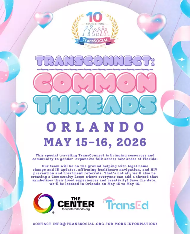 🚨🏳️‍⚧️ COMMUNITY PARTNER ALERT!! 🏳️‍⚧️🚨⁠⁠Community, connection, and support are coming to Orlando! 💖✨⁠⁠Our friends at [TransSocial](https://transsocial.org?utm_source=chatgpt.com) are bringing TransConnect: Common Threads to The Center Orlando next Friday, May 15 from 9AM–6PM! 🌈🧵✨⁠⁠Trans and gender-expansive community members can access:⁠🪪 Legal name change & ID update support⁠❤️ HIV prevention & treatment referrals⁠🩺 Healthcare navigation⁠🤝 Community resources & connection⁠⁠Plus — be part of the Community Loom, an interactive art experience where folks can add a thread representing their journey and experiences. Participants are also encouraged to bring end-of-life textiles to repurpose! 🪡🧶⁠⁠📍 Orlando Dates: May 15–16⁠🫂 Questions? Contact [info@transsocial.org](mailto:info@transsocial.org)⁠⁠✨ Register here: https://forms.gle/cT9FbiJUCS9TQrvZA?utm_source=chatgpt.com ⁠⁠Let’s continue weaving stronger, safer, and more affirming spaces for our trans community — one thread at a time 🏳️‍⚧️💫⁠⁠#TransConnect #TransSocial #TransJoy #TransCommunity #OrlandoLGBTQ #TransRightsAreHumanRights #GenderExpansive #CentralFlorida