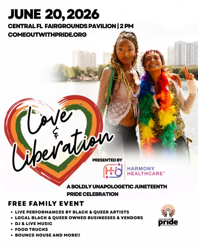 A HUGE thank you to our Presenting Sponsor, Harmony Healthcare, for believing in this vision and helping us create a space rooted in love, liberation, healing, and community care. ✨💖⁠⁠LOVE & LIBERATION IS BACK — and Central Florida, we are READY. ✊🏾🌈🔥⁠⁠Join us for the 2nd Annual Love & Liberation: Juneteenth Pride Celebration, a bold and joyful gathering centering Black queer and trans voices, culture, pride, and community. Last year, hundreds came together to celebrate in a space filled with connection, visibility, music, love, and unapologetic joy — and this year, we’re making it even bigger. 🎉⁠⁠Expect an unforgettable day filled with:⁠🎶 Live entertainment⁠🛍️ Incredible local vendors⁠🌈 Community connection⁠✊🏾 Celebration of Black liberation⁠💫 Joy, healing, and pride in all its forms⁠⁠📅 Saturday, June 20, 2026⁠📍 Central Florida Fairgrounds Pavilion⁠🎟️ FREE + Family-Friendly⁠⁠This is more than an event. It’s a celebration of resilience, representation, and the power of community coming together exactly as we are. 💖⁠⁠Bring your people. Bring your pride. Bring your whole self.⁠Let’s celebrate love, liberation, and the magic of intersectionality together. 🌈✨⁠⁠🔗 Learn more: https://www.eventeny.com/events/love-liberation-a-boldly-unapologetic-juneteenth-pride-celebration-29080⁠⁠#LoveAndLiberation #JuneteenthPride #BlackQueerJoy #IntersectionalPride #OrlandoEvents #PrideWithPurpose