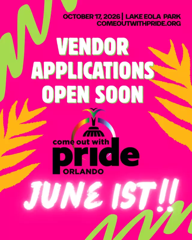 🎉🏳️‍🌈🏳️‍⚧️✨ IT’S ALMOST TIME! ✨🏳️‍⚧️🏳️‍🌈🎉⁠⁠Applications for the Come Out With Pride 2026 Marketplace 🛍️, Food Vendors 🍔🌮🍦, and Parade Participants 🎭🎉 officially OPEN JUNE 1ST!! 🎊🌈⁠⁠Whether you’ve marched with us before 🎺🏳️‍🌈, showcased your business in our Marketplace 🛍️✨, served up amazing eats 🍕🌭🍩, or have been waiting for your very first chance to join the magic 🌟 — we can’t wait to welcome back familiar faces 🤗💜 and invite new friends into the celebration 🎉🌈✨⁠⁠Our annual Come Out With Pride Festival returns to Lake Eola Park 🌴☀️ on Saturday, October 17, 2026 📅, and we’re already counting down ⏳ to another unforgettable day of joy 💜, community 🤝, visibility 🌈, and PRIDE 🏳️‍⚧️🏳️‍🌈✨⁠⁠🎪 Marketplace Vendors⁠🍔 Food Vendors⁠🎭 Parade Participants⁠💸✨ EARLY BIRD DISCOUNTS available for a limited time ✨💸⁠⁠As many organizations continue navigating rising costs 📈, we made a choice rooted in community care 💜 — Come Out With Pride will NOT be increasing fees this year 🙌🏾and we’re intentionally not passing additional costs along to our community 🌈✨⁠⁠Because Pride belongs to ALL of us 🏳️‍🌈🏳️‍⚧️💜✨⁠⁠We’re a tiny but mighty nonprofit 💪🏾💜 powered by one staff member and a handful of dedicated volunteers 🌟🤝 — and this festival has always been built with love ❤️, passion ✨, and community 🏳️‍🌈⁠⁠This choice is our love letter 💌🌈 to the people 👏🏽, families 👨‍👩‍👧‍👦, businesses 🛍️, organizations, artists 🎨🎶, and advocates 📣 who make Pride possible year after year 💜✨⁠⁠📅 Mark your calendars⁠⏰ Set your reminders⁠🎉 Gather your people⁠⁠🗓️ JUNE 1ST — APPLICATIONS GO LIVE! 🚀🌈✨⁠⁠Let’s make Pride magic together 🏳️‍🌈🏳️‍⚧️🎉💜🌟⁠