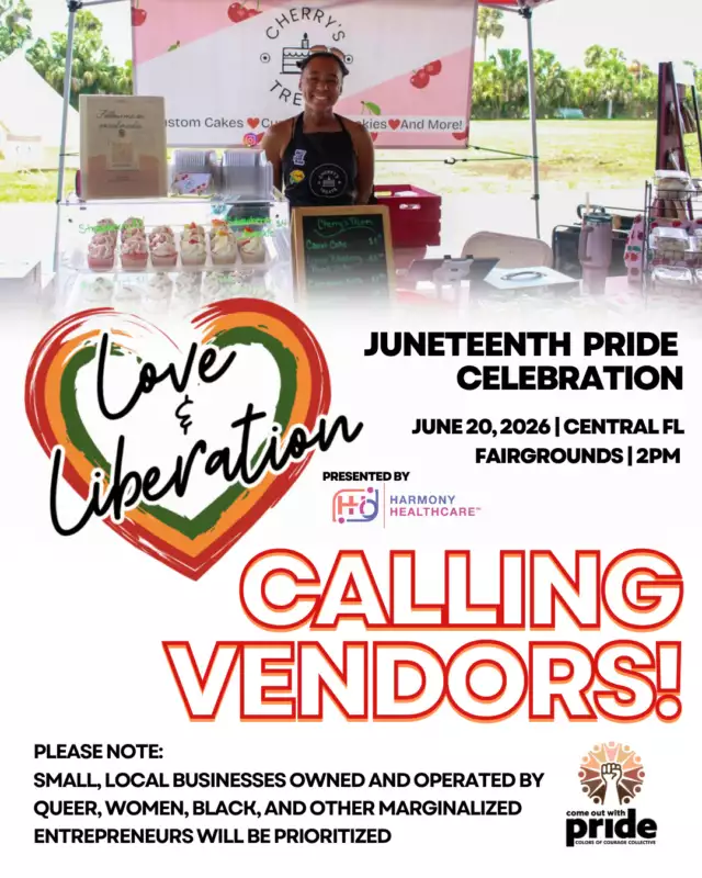 🎉 ATTENTION MAKERS & VENDORS — WE'RE NOW ACCEPTING APPLICATIONS! 🎉 ⁠⁠🚨 DEADLINE CLOSING SOON! 🚨 - ONLY $20 FEE ⁠⁠We are excited to announce that applications are open for vendors at the 2nd Annual Love & Liberation: A Boldly Unapologetic Juneteenth Pride Celebration 🌈✊🏾🖤✨ ⁠⁠Mark your calendars for Saturday, June 20, 2026, at the Central Florida Fairgrounds Pavilion, where Florida will host its largest Juneteenth Pride event — the ONLY one of its kind in the state. ⁠⁠Please be aware that priority will be given to small, local businesses run by queer, women, Black, and other marginalized entrepreneurs. ⁠⁠This isn’t just a marketplace — it’s a celebration of liberation, culture, joy, resistance, and community support. ❤️🖤💚💛 ⁠⁠👉🏾 Submit your application here: Link in Bio ⁠⁠Join us in celebrating, participating, and building liberation together. 🌈✨ ⁠⁠#LoveAndLiberation #JuneteenthPride #VendorCall #MarketplaceMakers #BlackQueerJoy #LGBTQCommunity #SupportSmallBusiness #OrlandoEvents #FloridaPride