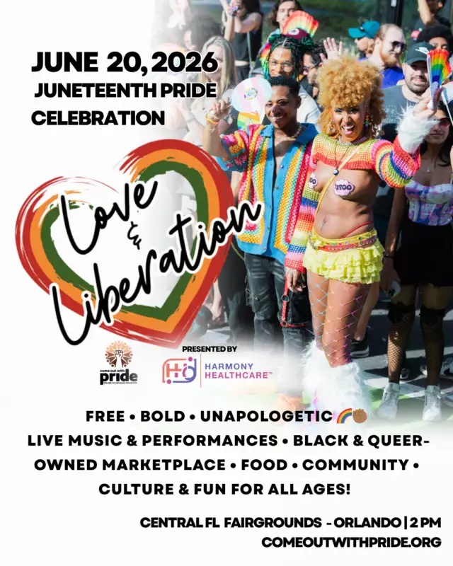 Love & Liberation is back — and she’s louder, prouder, and a little bit flirty this year. 💃🏾🌈⁠⁠Think:⁠Black joy on full volume 🔊⁠Queer love in every direction 💋⁠Music that makes you forget what time it is 🎶⁠And a marketplace full of people you’ll *definitely* end up following on Instagram later 👀🛍️⁠⁠There will be dancing.⁠There will be laughter.⁠There may even be a moment on the dance floor where you lock eyes with a stranger and suddenly believe in destiny again. 💫 (No promises… but also… no guarantees it *won’t* happen.)⁠⁠📍 Central Florida Fairgrounds Pavilion⁠📅 June 20, 2026⁠🎟️ FREE + open to the community (because liberation is not behind a paywall 😉)⁠⁠Come for the celebration. Stay for the feeling you didn’t know you needed. 🫶🏿💪🏾🤲🏽👏🏽⁠⁠#LoveAndLiberation #JuneteenthPride #BlackQueerJoy #OrlandoPride #QueerJoy #JuneteenthVibes⁠