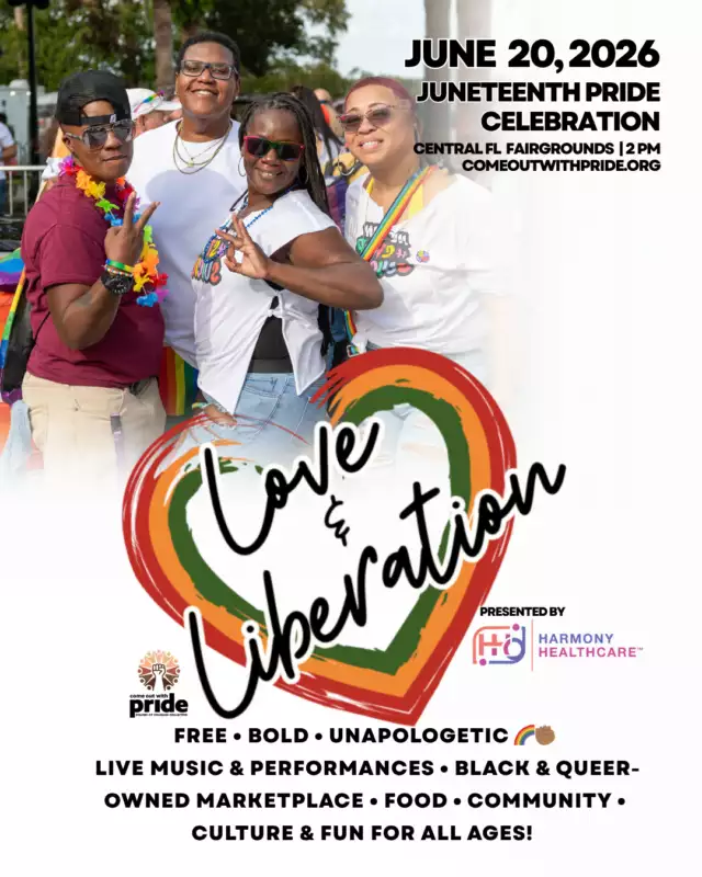 THE COUNTDOWN TO LOVE & LIBERATION IS ONNNN! ✊🏾🌈🔥⁠Presented by Harmony Healthcare 💖✨⁠⁠Get ready for a celebration full of joy, culture, community, and unapologetic pride as we bring back the 2nd Annual Love & Liberation: Juneteenth Pride Celebration! 💖✨⁠⁠Last year, over 500 people came together for a powerful day centered on Black queer and trans joy — and this year, we’re turning the energy ALL the way up. 🎉⁠⁠Expect:⁠🛍️ Amazing local vendors⁠🎶 Live entertainment & experiences⁠🌈 Community connection⁠✊🏾 Celebration of Black liberation & queer pride⁠💫 Joy so powerful you can FEEL it⁠⁠📅 Saturday, June 20, 2026⁠📍 Central Florida Fairgrounds Pavilion⁠🎟️ FREE & Family-Friendly⁠⁠This is more than a celebration — it’s a space where our communities are seen, celebrated, and empowered together.⁠⁠Pull up. Bring your people. Be part of the magic. 🔥🌈⁠⁠🔗 Learn more --> LINK IN THE BIO⁠⁠#LoveAndLiberation #JuneteenthPride #BlackQueerJoy #OrlandoEvents #PrideWithPurpose #IntersectionalPride