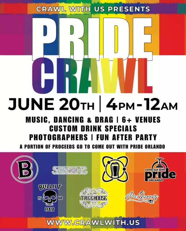 🌈 Orlando, get ready for an unforgettable Pride celebration with our friends at Crawl With Us! 🏳️‍🌈🏳️‍⚧️⁠⁠Our friends at Crawl With Us are bringing back their Official Pride Bar Crawl — and this year, 20% of event proceeds will support Come Out With Pride Orlando and our mission to cultivate visibility, authenticity, and acceptance through inclusive experiences that celebrate queer resilience. ❤️⁠⁠Grab your crew and enjoy:⁠🍹 Drink specials & exclusive perks⁠💃 Drag entertainment⁠📸 Photo moments throughout the night⁠🌈 Pride swag & giveaways⁠🍽️ Food specials at participating venues⁠🎉 An after party to keep the celebration going⁠⁠This 21+ community celebration will take participants across Downtown Orlando for an evening of pride, connection, and fun — all while helping support local LGBTQIA+ community work right here in Central Florida. 🏳️‍🌈✨⁠⁠🎟️ Tickets: Link in Bio @crawlwithus⁠⁠Thank you to our community partners for finding creative ways to celebrate Pride while giving back. Every ticket helps make a difference. ❤️🧡💛💚💙💜⁠