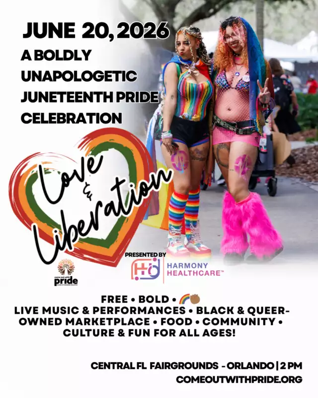 THE WAIT IS OVER… LOVE & LIBERATION IS COMING BACK! ✊🏾🌈🔥✨⁠*Presented by Harmony Healthcare* 💖⁠⁠We’re bringing the 2nd Annual Love & Liberation: Juneteenth Pride Celebration back to Central Florida — bigger, bolder, and overflowing with Black queer and trans joy. 💫⁠⁠Last year, 500+ community members showed up and showed OUT for a day rooted in liberation, culture, and connection… and we’re building on that energy in a major way. 🎉⁠⁠This isn’t just an event — it’s a whole experience.⁠⁠Here’s what’s waiting for you:⁠🛍️ Local Black & queer vendors you’ll want to support all day⁠🎶 Live performances + DJs + unforgettable moments⁠🌈 A space where community feels like home⁠✊🏾 Black liberation + queer pride in full celebration⁠🍴 Food trucks serving up all the flavor⁠🍹 Bar + drinks available for guests⁠💖 Joy, softness, power, and EVERYTHING in between⁠⁠📅 Saturday, June 20, 2026⁠📍 Central Florida Fairgrounds Pavilion⁠🎟️ FREE + Family-Friendly⁠⁠Bring your people. Bring your energy. Bring your whole self.⁠Because love, liberation, and joy belong to us — loudly. 🔥🌈✨⁠⁠🔗 More event & vendor info -->> Link in the Bio⁠⁠#LoveAndLiberation #JuneteenthPride #BlackQueerJoy #OrlandoPride #QueerCommunity #LiberationInAction