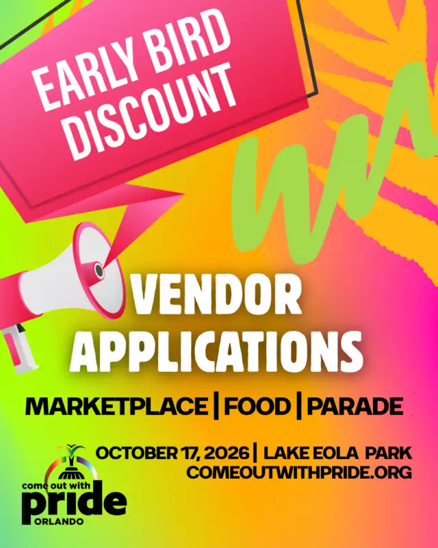 🚨🔥 EARLY BIRD = BIG SAVINGS 🔥🚨⁠⁠Why pay more later when you can lock in the LOWEST PRICES EVER right now?! 💸🌈⁠⁠Applications are open for Come Out With Pride 2026, and our Early Bird Discount is officially LIVE for a limited time! ⏳✨⁠⁠🎭 Parade Participants⁠🛍️ Marketplace Makers & Creatives⁠🍔 Food Vendors⁠⁠This isn't just a discount...⁠⁠💥 It's the lowest pricing you'll see all year.⁠💥 It's the best value you'll get for Pride 2026.⁠💥 It's your chance to secure your spot before rates increase.⁠⁠The clock is ticking ⏰ and once Early Bird pricing ends, it ends.⁠⁠So gather your team 🎉⁠Reserve your booth 🛍️⁠Plan your parade entry 🎭⁠Book your food vendor space 🍔⁠⁠And SAVE while you can! 💸🙌🏽⁠⁠🏳️‍🌈 Come Out With Pride⁠📅 October 17, 2026⁠📍 Lake Eola Park, Orlando⁠⁠Join thousands of attendees, hundreds of participating organizations, businesses, and community groups, and one unforgettable day of love, visibility, community, and liberation. 🌈💜✨⁠⁠🚨 LIMITED-TIME OFFER⁠💸 LOWEST PRICES EVER⁠⏳ DON'T WAIT⁠⁠Apply today:⁠https://www.eventeny.com/events/2026-come-out-with-pride-29666⁠⁠🎉 Pride is coming. Your best deal is here. 🎉⁠