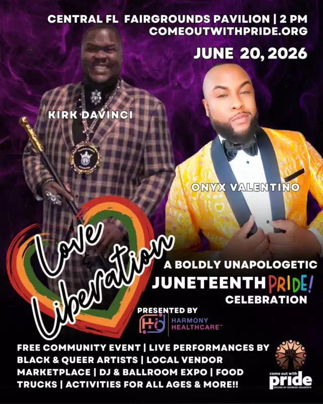 🎤✨ TOMORROW!! — GET READY FOR A SHOW-STOPPING PERFORMANCE! ✨🎤⁠⁠One of the highlights of Love & Liberation: A Boldly Unapologetic Juneteenth Pride Celebration will be an unforgettable duet featuring the incredible Kirk DaVinci and Onyx Valentino! 🔥⁠⁠Join us as we celebrate freedom, resilience, culture, and community with an afternoon full of entertainment, connection, and joy.⁠⁠📅 THIS SATURDAY, June 20, 2026⁠📍 Central Florida Fairgrounds Pavilion⁠🚪 Gates Open at 2:00 PM⁠🎭 Show Starts at 3:00 PM⁠🎟️ FREE Admission⁠⁠A special thank you to our Presenting Sponsor, Harmony Healthcare, for helping make this powerful celebration possible. ❤️⁠⁠Bring your friends, bring your family, and get ready for a performance that will have the crowd on their feet! 🙌🏾🏳️‍🌈❤️🖤💚⁠⁠Don't miss this unforgettable celebration of Black and Queer joy, liberation, and community.⁠⁠#LoveAndLiberation #Juneteenth #Pride #KirkDaVinci #OnyxValentino #BlackJoy #QueerJoy #OrlandoEvents #HarmonyHealthcare #CommunityPowered⁠