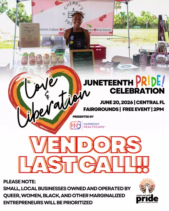 💛🖤💚❤️ LAST CALL, VENDORS & MAKERS! ❤️💚🖤💛⁠⁠🚨 Applications are closing soon! 🚨⁠⁠Don't miss your chance to be part of Love & Liberation: A Boldly Unapologetic Juneteenth Pride Celebration 🌈✊🏾✨ — the only Juneteenth + Pride event of its kind in the entire state of Florida!⁠⁠📅 Saturday, June 20, 2026⁠📍 Central Florida Fairgrounds Pavilion⁠⏰ 2 PM – 6 PM⁠🎟️ FREE Admission • Family-Friendly • Open to the Entire Community⁠⁠🛍️ Showcase your business, art, products, or organization⁠🎶 Enjoy live music, DJs, drag performances, and entertainment⁠💃🏾 Celebrate Black queer joy, culture, freedom, and liberation⁠🍔 Delicious food vendors and community resources⁠🤝 Connect with hundreds of attendees from across Central Florida⁠💛 Vendor & Maker spaces are ONLY $20⁠⁠This is more than a marketplace—it's a celebration of community, culture, Pride, and Juneteenth. Whether you're an artist, entrepreneur, nonprofit, creator, or small business, we invite you to join us for an unforgettable afternoon of joy, connection, and celebration.⁠⁠⏰ Don't wait—applications are closing soon! ->> $20!! ⁠⁠LINK IN THE BIO⁠⁠Apply today & NOW! ⁠⁠#LoveAndLiberation #JuneteenthPride #BlackQueerJoy #SupportLocal #OrlandoEvents #CentralFlorida #VendorCall #MakersMarket #Juneteenth #Pride 🌈✊🏾💛🖤💚❤️⁠⁠