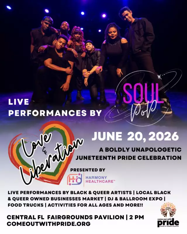 🎶 THEY'RE COMING TO LOVE & LIBERATION! 🎶⁠⁠Get ready, Orlando! We are THRILLED to announce that Soul Pop will be taking the stage at this year's Love & Liberation: A Boldly Unapologetic Juneteenth Pride Celebration! 🌈✊🏾✨⁠⁠Known for their immersive, interactive, extraterrestrial-inspired performances, Soul Pop creates an experience unlike anything you've seen before—bringing together Community. Connection. Culture. through music, movement, and pure joy. 💫⁠⁠And trust us... they're the PERFECT addition to a celebration centered on Black queer excellence, liberation, and unapologetic authenticity. 🖤⁠⁠Join us for an unforgettable day filled with:⁠🎤 Live Entertainment⁠💃🏾 Drag Performances⁠✨ Ballroom Showcase⁠🍖 BBQ & Delicious Food Vendors⁠🍹 Bar Service⁠🛍️ Community Marketplace⁠👨‍👩‍👧‍👦 Family Reunion Vibes⁠🌈 Joy, Pride, Culture & Liberation⁠⁠📍 Central Florida Fairgrounds Pavilion⁠📅 Saturday, June 21⁠🎟️ FREE Community Event⁠⁠#LoveAndLiberation #JuneteenthPride #BlackQueerExcellence #SoulPop #OrlandoEvents #ComeOutWithPride #CommunityConnectionCulture⁠