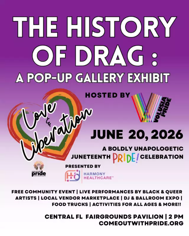 👑📚 DRAG HISTORY IS COMING TO LOVE & LIBERATION! 📚👑⁠⁠THIS SATURDAY, we're excited to welcome the History of Drag Pop-Up Gallery Exhibit from our friends at Volusia Pride! 🏳️‍🌈✨⁠⁠Explore the fascinating story of drag—from ancient traditions and underground performances to the bold, beautiful art form we celebrate today. This unique exhibit helps spotlight the powerful connection between Juneteenth and Pride, honoring the Black trans women, drag performers, and queer trailblazers who helped shape the LGBTQIA+ liberation movement. 🖤🏳️‍⚧️⁠⁠And that's just one part of the celebration! 🔥⁠⁠🎶 Live performances by Black & queer artists⁠👑 Drag performances⁠🛍 Marketplace featuring Black-owned, queer-owned, women-owned, and marginalized small businesses⁠🍴 Food trucks + spirits 🍹⁠💃 DJs + festival vibes all day⁠🎨 Activities for all ages⁠✨ Community, culture, connection, pride, joy, and liberation⁠⁠📅 Saturday, June 20⁠⏰ 2 PM – 6 PM⁠📍 Central Florida Fairgrounds Pavilion⁠⁠🎟 FREE Community Event⁠🚗 FREE & Easy Parking⁠☔ Covered Venue — Rain or Shine⁠⁠Don't miss Florida's only Juneteenth Pride celebration! ✊🏾🌈🔥⁠⁠#LoveAndLiberation #JuneteenthPride #BlackQueerJoy #HistoryOfDrag #VolusiaPride #OrlandoEvents #Pride365