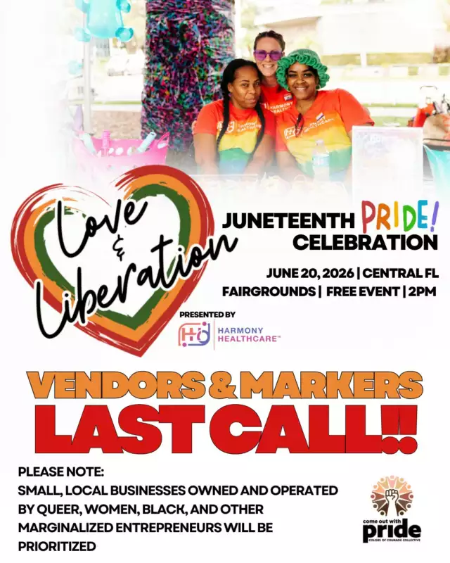 🚨 LAST CALL! APPLICATIONS CLOSE TONIGHT AT MIDNIGHT! 🚨⁠⁠🌈✊🏾🖤 Be part of the LARGEST JUNETEENTH PRIDE CELEBRATION IN THE STATE OF FLORIDA! 🖤✊🏾🌈⁠⁠Vendor applications for the 2nd Annual Love & Liberation: A Boldly Unapologetic Juneteenth Pride Celebration close TONIGHT at 11:59 PM — and it's only a $20 community vendor fee to participate!⁠⁠Join us on Saturday, June 20 at the Central Florida Fairgrounds Pavilion for a powerful celebration of Black queer joy, culture, community, and liberation. This is the ONLY event of its kind in Florida and one of the most unique Pride celebrations you'll experience all year. 🔥🌈✊🏾🖤⁠⁠🎶 Live performances by Black and queer artists⁠🛍️ Marketplace featuring Black-owned, queer-owned, women-owned, and marginalized small businesses⁠🍴 Food trucks + spirits 🍹⁠💃🏾DJs + festival vibes all day⁠✨ Community, culture, connection, pride, joy, and liberation⁠⁠Last year, more than 500 community members joined us. This year, we're growing even bigger. 💪🏾⁠⁠⏰ Gates open at 2 PM⁠🎤 Show starts at 3 PM⁠⁠Come eat, shop, dance, celebrate, and connect with hundreds of community members at Florida's largest Juneteenth Pride celebration.⁠⁠⚡ Applications close TONIGHT at MIDNIGHT.⁠👉🏾 Apply now before it's too late! Link in Bio.⁠⁠#LoveAndLiberation #JuneteenthPride #BlackQueerJoy #Juneteenth #Pride #FloridaPride #OrlandoEvents #VendorCall #SupportSmallBusiness #CommunityPowered⁠⁠