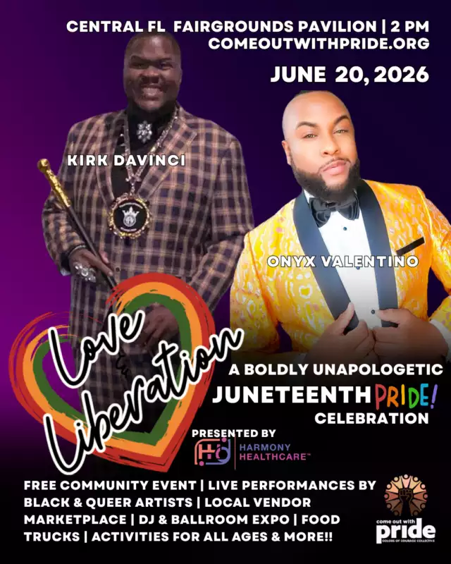 🎤✨ THIS SATURDAY — GET READY FOR A SHOW-STOPPING PERFORMANCE! ✨🎤⁠⁠One of the highlights of Love & Liberation: A Boldly Unapologetic Juneteenth Pride Celebration will be an unforgettable duet featuring the incredible Kirk DaVinci and Onyx Valentino! 🔥⁠⁠These powerhouse performers are coming together for a special performance that promises stunning vocals, incredible energy, and a moment you won't want to miss. Trust us—everyone will be talking about this one! 🌟⁠⁠Join us as we celebrate freedom, resilience, culture, and community with an afternoon full of entertainment, connection, and joy.⁠⁠📅 THIS SATURDAY, June 20, 2026⁠📍 Central Florida Fairgrounds Pavilion⁠🚪 Gates Open at 2:00 PM⁠🎭 Show Starts at 3:00 PM⁠🎟️ FREE Admission⁠⁠A special thank you to our Presenting Sponsor, Harmony Healthcare, for helping make this powerful celebration possible. ❤️⁠⁠Bring your friends, bring your family, and get ready for a performance that will have the crowd on their feet! 🙌🏾🏳️‍🌈❤️🖤💚⁠⁠Don't miss this unforgettable celebration of Black and Queer joy, liberation, and community.⁠⁠#LoveAndLiberation #Juneteenth #Pride #KirkDaVinci #OnyxValentino #BlackJoy #QueerJoy #OrlandoEvents #HarmonyHealthcare #CommunityPowered⁠