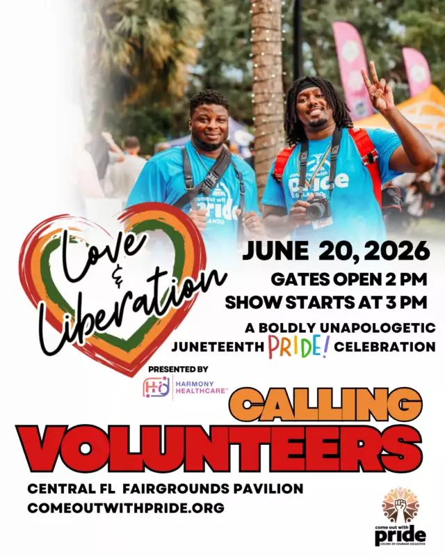 🚨 VOLUNTEERS NEEDED! 🚨⁠⁠Do you want to be part of HISTORY? ✊🏾🏳️‍🌈⁠⁠This Saturday, we are making history with Love & Liberation: A Boldly Unapologetic Juneteenth Pride Celebration Presented by Harmony Healthcare — the LARGEST JUNETEENTH PRIDE CELEBRATION IN THE STATE OF FLORIDA and the ONLY event of its kind anywhere in Florida! 🔥⁠⁠But we can't do it without YOU.⁠⁠We're looking for passionate volunteers to help welcome guests, support performers, assist vendors, provide community information, and help create an unforgettable experience celebrating Black queer joy, liberation, culture, and community.⁠⁠💜 Saturday, June 20⁠📍 Central Florida Fairgrounds Pavilion⁠🕑 Gates Open: 2:00 PM⁠🎤 Show Starts: 3:00 PM⁠☀️ FREE Community Event⁠🌧️ Rain or Shine – Covered Pavilion⁠🚗 FREE & Easy Parking⁠⁠Last year, more than 500 community members joined us. This year, we're expecting our biggest celebration yet—and we need all hands on deck!⁠⁠Whether you can give a few hours or the whole day, your support helps make this groundbreaking event possible.⁠⁠✨ Come make history with us.⁠✨ Build community.⁠✨ Celebrate liberation.⁠✨ Be part of something bigger than yourself.⁠⁠Sign up to volunteer today and help us create an unforgettable day of Love, Pride, and Liberation!⁠ -->> LINK IN THE BIO⁠⁠#LoveAndLiberation #JuneteenthPride #VolunteerWithPride #BlackQueerJoy #Juneteenth #OrlandoPride #ComeOutWithPride #HarmonyHealthcare #CommunityPowered⁠