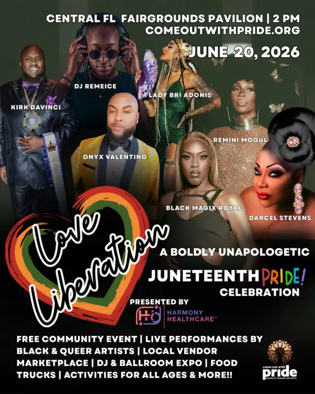 🔥🌈🎉 SHOW STARTS AT 3PM -->> FREE! JOIN US NOW!! 🎉🌈🔥⁠⁠Get ready for an afternoon FULL of joy, culture, pride, and unapologetic Black queer excellence at Love & Liberation: A Boldly Unapologetic Juneteenth Pride Celebration!⁠⁠Presented by Harmony Healthcare, this powerful celebration centers Black queer and trans joy while showcasing the incredible talent that already exists right here in our community. 🖤✨⁠⁠We made a commitment this year to intentionally invest in and spotlight local Black queer artists, performers, and creatives—and trust us, this lineup is EVERYTHING! 🙌🏾🔥⁠⁠🎤 Hosted by the incomparable Darcel Stevens!! 👠⁠⁠🌟 FEATURING:⁠🎶 Kirk DaVinci & Onyx Valentino (Special Duet Performance)⁠👑 Black Magix Royal⁠💎 Lady Bri Adonis⁠💃 Remini Mogul⁠🔥 UNITY Step Team⁠🎵 Soul Pop⁠🎧 DJ Remeice spinning the vibes all afternoon⁠⁠📸 PLUS! Enjoy a FREE Photo Booth Experience from FireFly Photo Booth! Grab your crew, strike a pose, and take home memories from an unforgettable day. ✨📷⁠⁠Expect powerful vocals, electrifying drag, stepping, dancing, community, amazing food, local vendors, and nonstop festival energy celebrating the beauty, resilience, and brilliance of Black LGBTQIA+ culture. 🌈🖤❤️💛💚⁠⁠🕑 Gates Open: 2 PM⁠🎭 Show Starts: 3 PM⁠🎉 Celebration Continues Until 6 PM⁠⁠#LoveAndLiberation #JuneteenthPride #BlackQueerJoy #BlackTransJoy #PrideMonth #Juneteenth #LGBTQIA #CommunityStrong #OrlandoEvents #BlackExcellence⁠