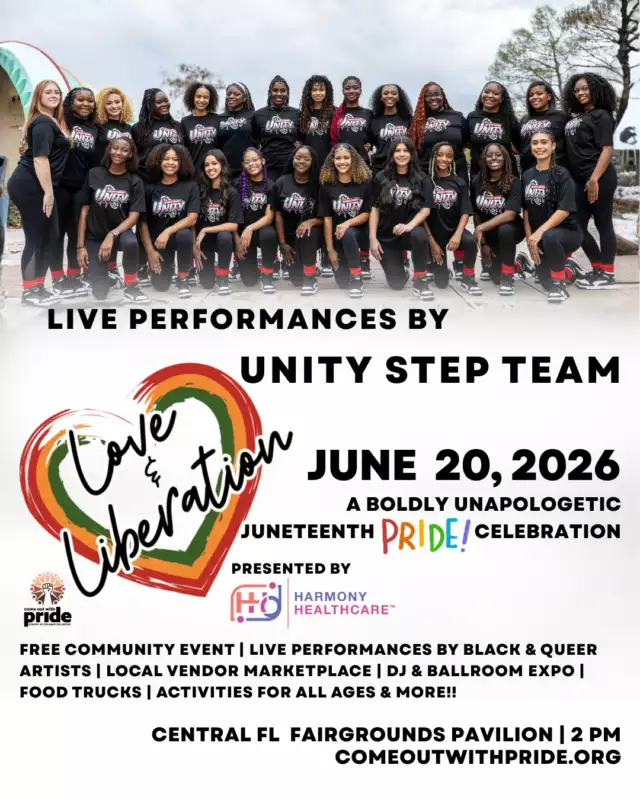 🔥 THIS SATURDAY - JUNETEENTH & PRIDE! 🔥⁠⁠Get ready for an unforgettable celebration of pride, culture, and community at Love & Liberation: A Boldly Unapologetic Juneteenth Pride Celebration! 🌈✊🏿✨⁠⁠🥁 Featuring a special performance by the incredible UNITY Step Team! Their powerful energy, precision, and show-stopping talent will have you on your feet and cheering all afternoon!⁠⁠🎉 FREE Community Event⁠🚗 FREE & Easy Parking⁠☔ Rain or Shine — Covered Venue⁠🕑 Gates Open at 2 PM⁠🎭 Entertainment Begins at 3 PM⁠⁠Plus enjoy:⁠🎶 Live performances by Black & queer artists⁠💃 DJs + festival vibes all day⁠🛍 Marketplace featuring Black-owned, queer-owned, women-owned, and marginalized small businesses⁠🍴 Food trucks + Spirits 🍹⁠📸 FREE Photo Booth Experience by FireFly PhotoBooth⁠🎨 Activities for all ages⁠⁠Join Come Out With Pride as we celebrate community, culture, connection, pride, joy, and liberation! 🫶🏿✨⁠⁠#LoveAndLiberation #JuneteenthPride #ComeOutWithPride #BlackAndQueerJoy #OrlandoPride #Juneteenth⁠