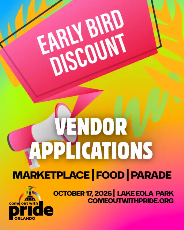 💸🌈 DON'T MISS THE LOWEST PRICING OF THE YEAR! 🌈💸⁠⁠If you've been thinking about joining Come Out With Pride 2026, this is your sign to APPLY NOW! 🎉🏳️‍🌈🏳️‍⚧️⁠⁠Our Early Bird Discounts are happening right now, and once they're gone, they're gone! ⏳✨⁠⁠We're currently accepting applications for:⁠⁠🛍️ Marketplace Makers & Creatives⁠🍔 Food Vendors⁠🎭 Parade Participants⁠⁠Why apply NOW?⁠⁠💸 Lock in the lowest rates available⁠🎉 Guarantee your spot before categories begin filling up⁠🌈 Join one of the largest Pride celebrations in the Southeast⁠🤝 Connect with thousands of attendees and community members⁠⁠Every year, our Pride Festival transforms Lake Eola into a vibrant celebration of love, visibility, community, and liberation. And we want YOU to be part of it. 💜✨⁠⁠Don't wait until prices go up. Don't wait until spots are limited.⁠⁠🚨 Apply early. Save money. Celebrate Pride. 🚨⁠⁠📅 Come Out With Pride⁠October 17, 2026⁠📍 Lake Eola Park, Orlando⁠⁠🎟️ Apply today: Link in the Bio⁠⁠⏰ Early Bird pricing is available for a limited time only!⁠🏳️‍🌈🏳️‍⚧️💜⁠