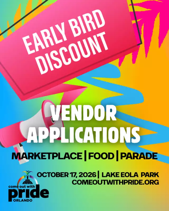 🚨⏰ EARLY BIRD PRICING WON'T LAST FOREVER! ⏰🚨⁠⁠Thinking about joining Come Out With Pride 2026? NOW is the time to apply! 🌈✨⁠⁠🏳️‍🌈🏳️‍⚧️ Come Out With Pride returns to Lake Eola Park on Saturday, October 17, 2026, and our applications are officially open for:⁠⁠🎭 Parade Participants⁠🛍️ Marketplace Makers & Creatives⁠🍔 Food Vendors⁠⁠💸 EARLY BIRD DISCOUNTS ARE AVAILABLE RIGHT NOW! 💸⁠⁠And here's the important part 👇⁠⁠🔥 This is the LOWEST pricing you'll see all season.⁠🔥 Prices will increase when Early Bird ends.⁠🔥 The earlier you apply, the more you save.⁠⁠If you've been planning to join us, don't wait until the last minute. Secure your spot today and lock in the best rate available! 🎉⁠⁠Join thousands of attendees, hundreds of participating organizations and businesses, and one of the largest Pride celebrations in the Southeast. 🌈💜⁠⁠⏳ Save money.⁠🎉 Reserve your space.⁠🌈 Be part of the magic.⁠⁠📅 October 17, 2026⁠📍 Lake Eola Park, Orlando⁠⁠Apply today before Early Bird pricing disappears:⁠ Link in Bio⁠⁠💜 Your future self will thank you for applying early!⁠🏳️‍🌈🏳️‍⚧️✨⁠