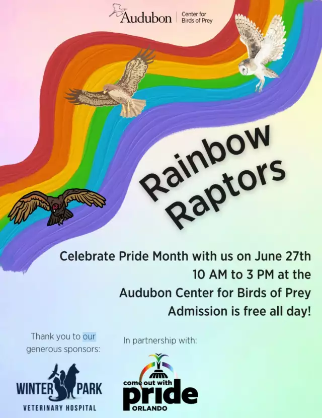 🦅🌈 TOMORROW: Rainbow Raptors! 🌈🦅⁠⁠Looking for a FREE, family-friendly adventure this Saturday? Join our community partner, the Audubon Center for Birds of Prey, for Rainbow Raptors from 10:00 AM to 4:00 PM!⁠⁠Bring the whole family and enjoy:⁠🪶 FREE admission all day⁠🔍 A fun scavenger hunt⁠🦉 Exciting Raptor Encounter programs⁠🎨 Craft stations⁠🎁 Free merch giveaways⁠💚 Interactive education and conservation activities⁠⁠It's the perfect way to celebrate Pride, connect with nature, and learn about Florida's incredible birds of prey!⁠⁠📅 TOMORROW – Saturday, June 27⁠⏰ 10:00 AM – 4:00 PM⁠📍 Audubon Center for Birds of Prey⁠⁠See you there! 🌈🦅⁠